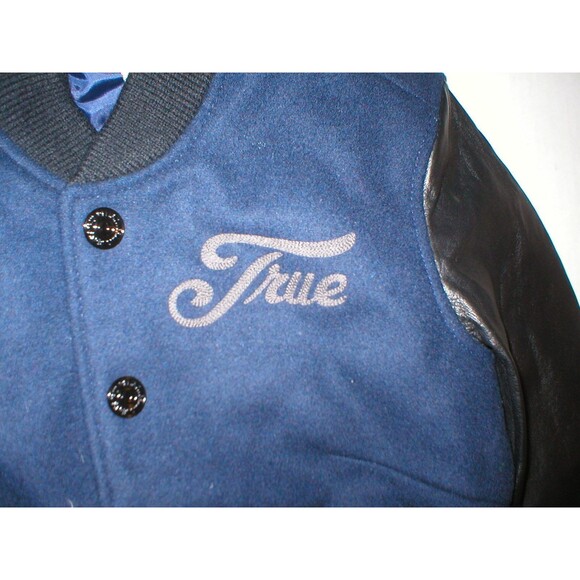 New Womens True Religion Varsity Leather Jacket XS Dark Navy Blue Black Logo - Picture 6 of 8